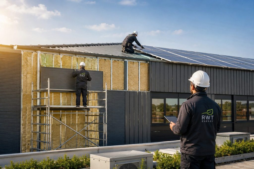 Techniciens RWT Energy rénovant l’enveloppe d’un bâtiment professionnel avec bardage, isolation et panneaux photovoltaïques en toiture.
