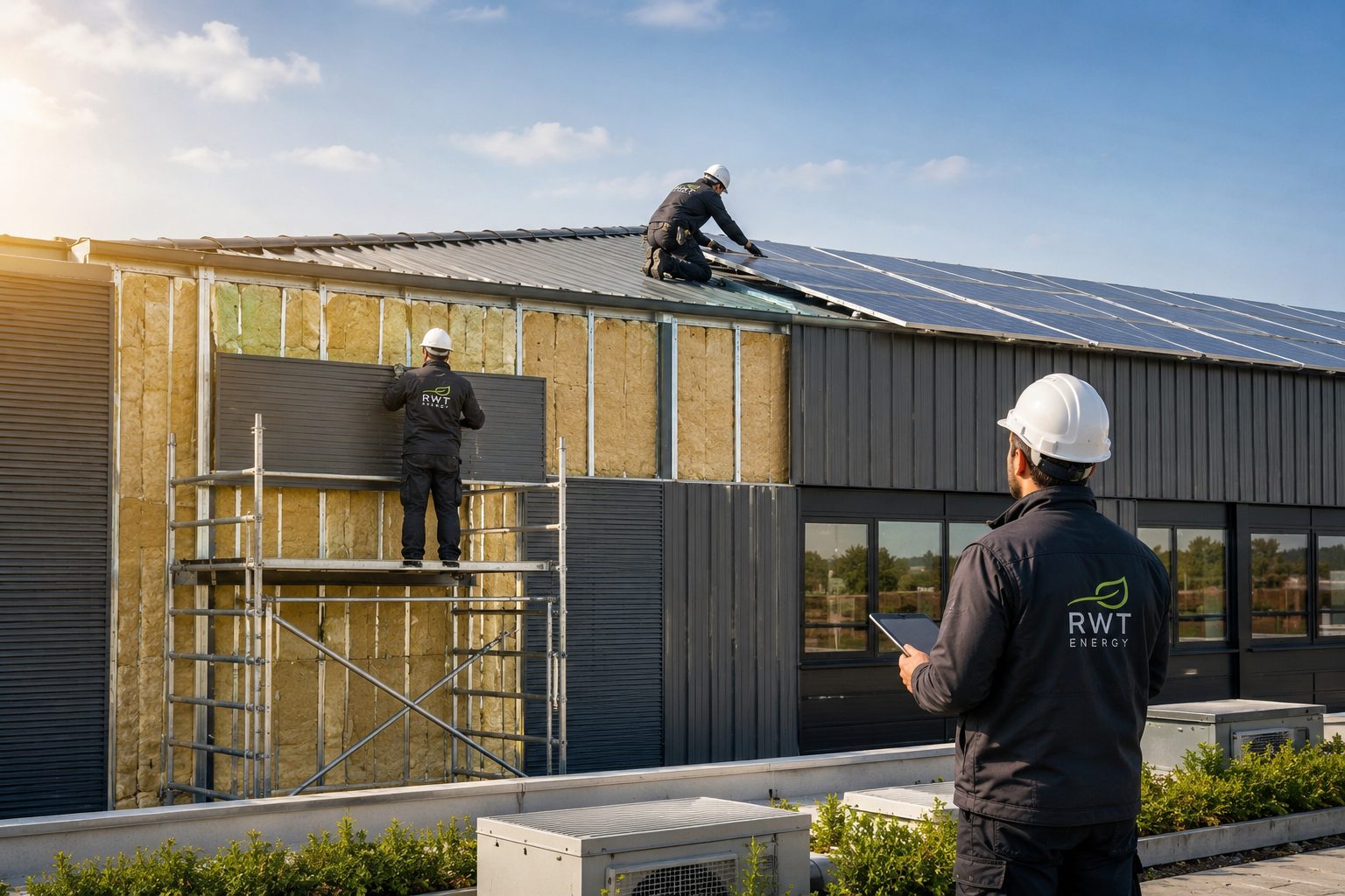 Techniciens RWT Energy rénovant l’enveloppe d’un bâtiment professionnel avec bardage, isolation et panneaux photovoltaïques en toiture.