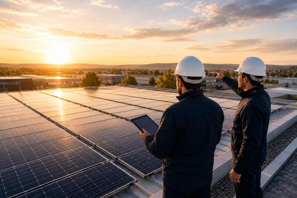 Deux techniciens inspectant une installation photovoltaïque en toiture afin d’optimiser la rentabilité et l’autoconsommation d’un bâtiment professionnel.