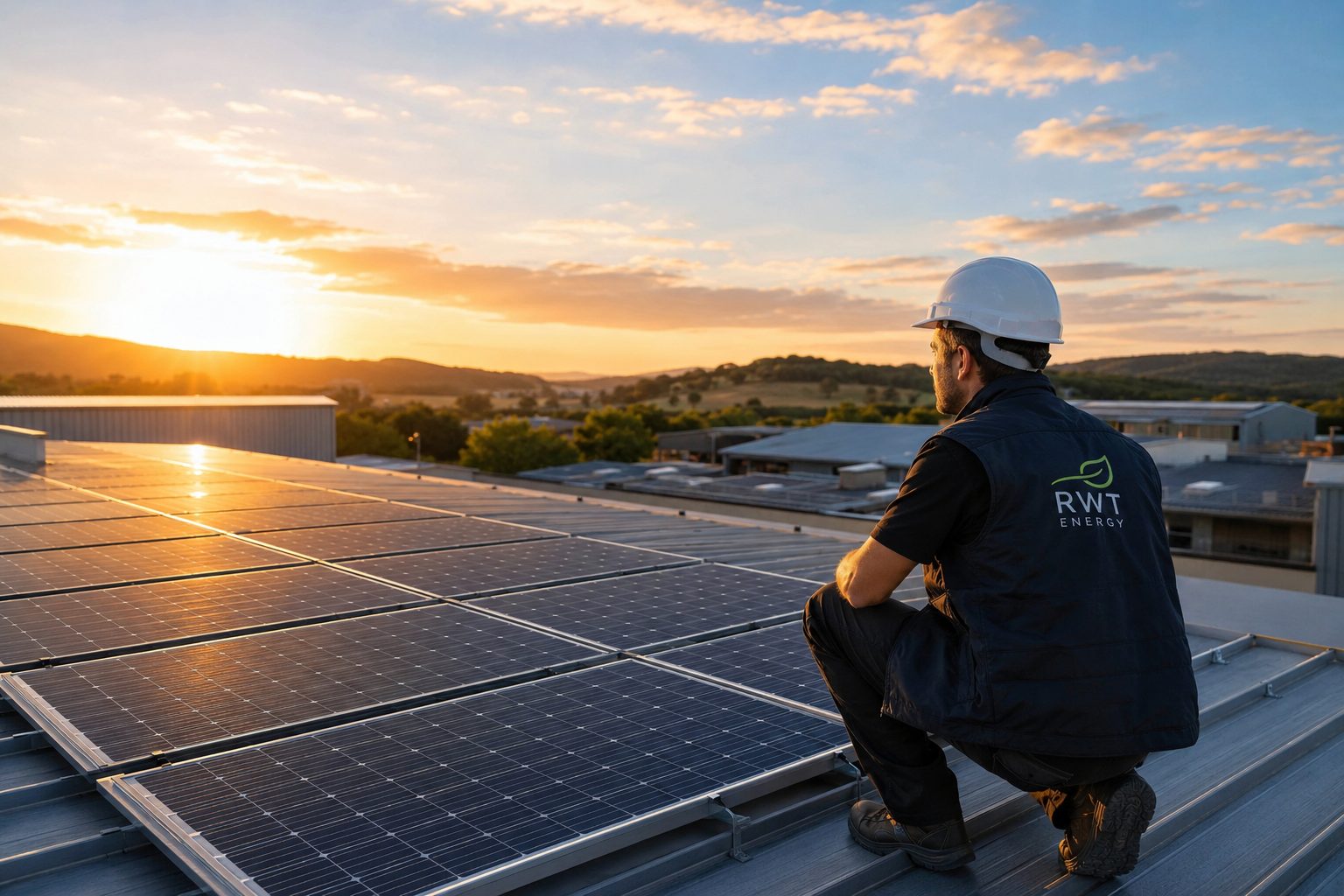 Technicien RWT Energy observant une installation de panneaux photovoltaïques en toiture, illustrant l’autoconsommation solaire et la maîtrise de l’énergie.