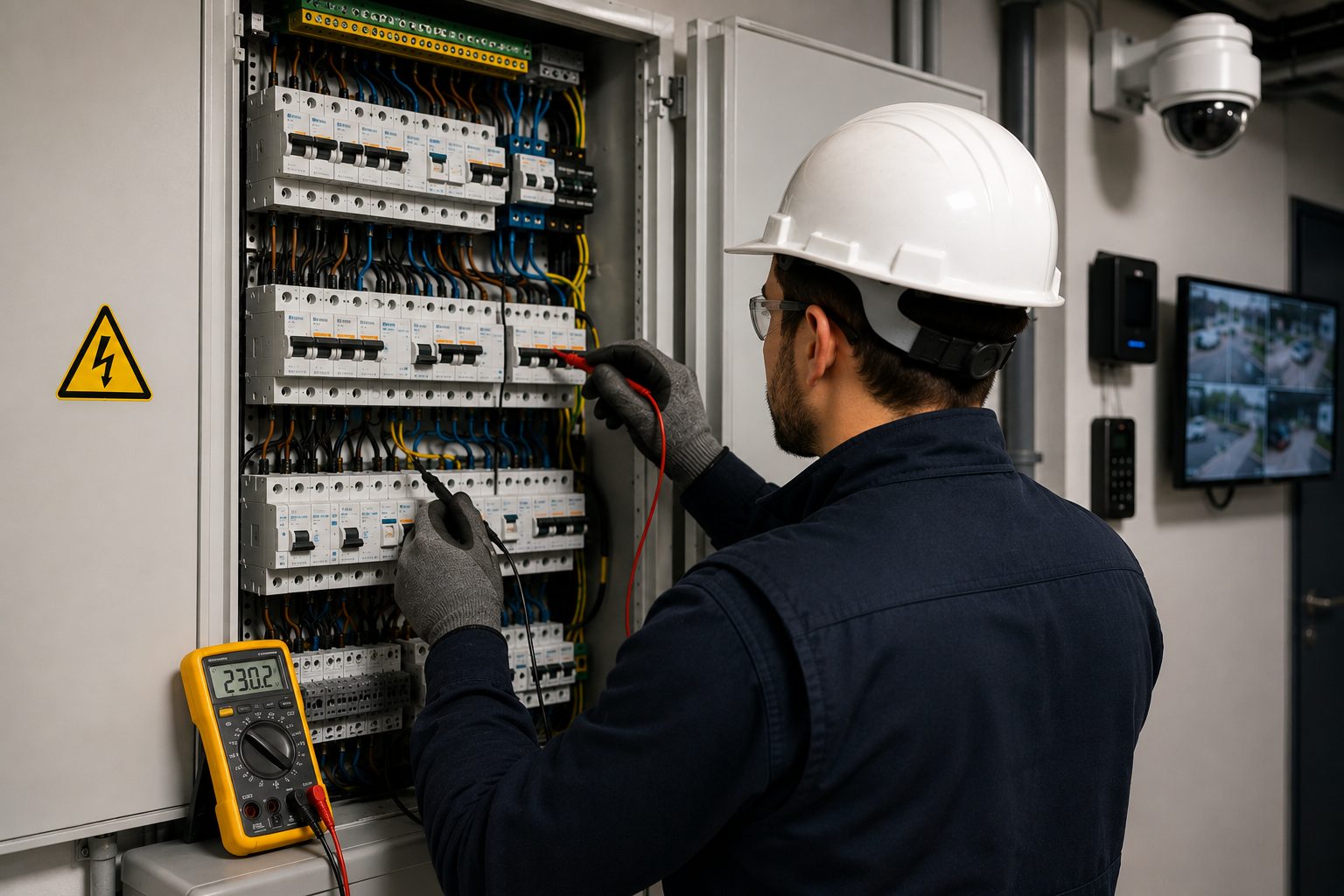 Technicien électricien contrôlant un tableau électrique professionnel dans le cadre d’une mise aux normes CFO/CFA