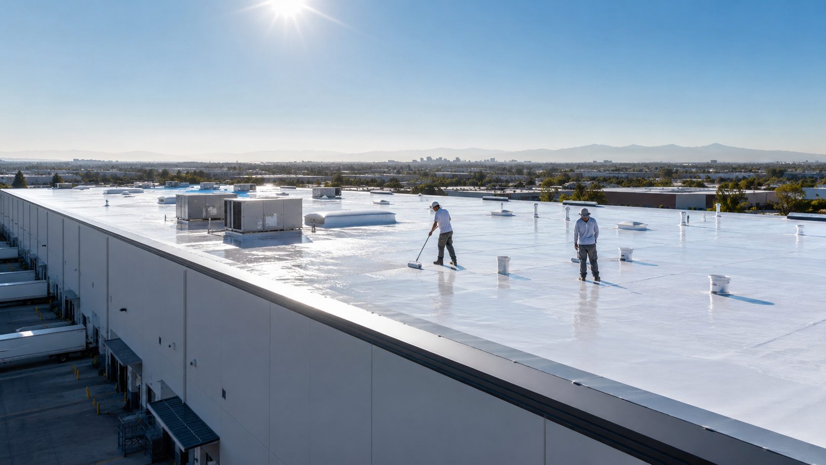 Application d’un revêtement réfléchissant sur la toiture d’un bâtiment professionnel pour réduire la chaleur intérieure et limiter le recours à la climatisation.